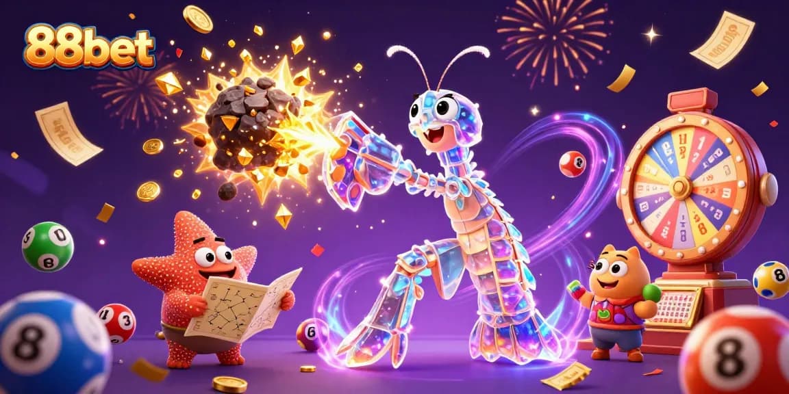 88bet showcases vibrant gameplay with a mantis shrimp and starfish amidst lottery explosions.