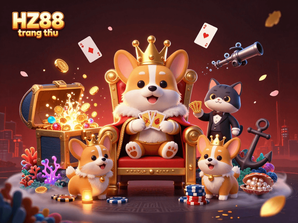Experience the excitement of HZ88 trang chủ with royal corgi surrounded by treasures and games.