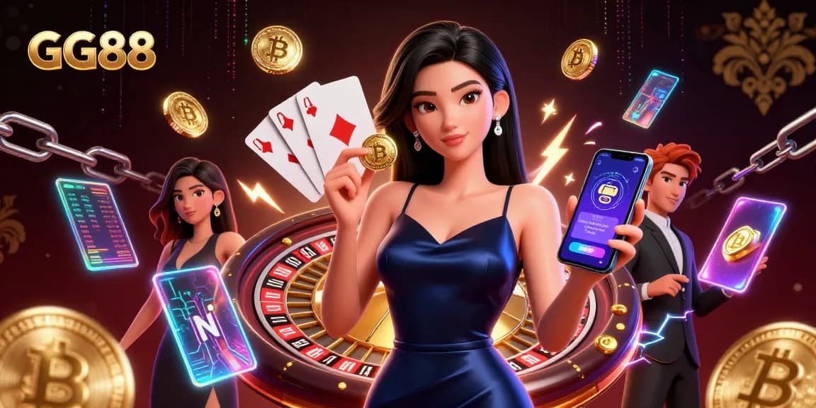 Engage in thrilling gameplay with GG88 as a stunning woman plays a casino app surrounded by crypto elements.