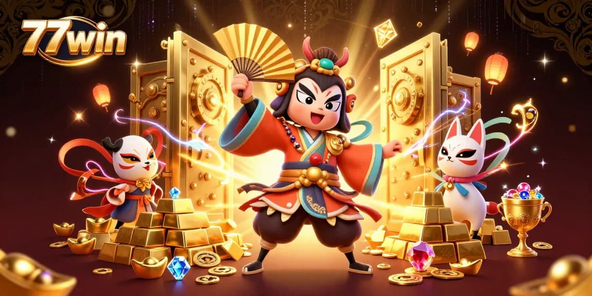 Play thrilling casino games at 77win with vibrant characters and golden treasures.