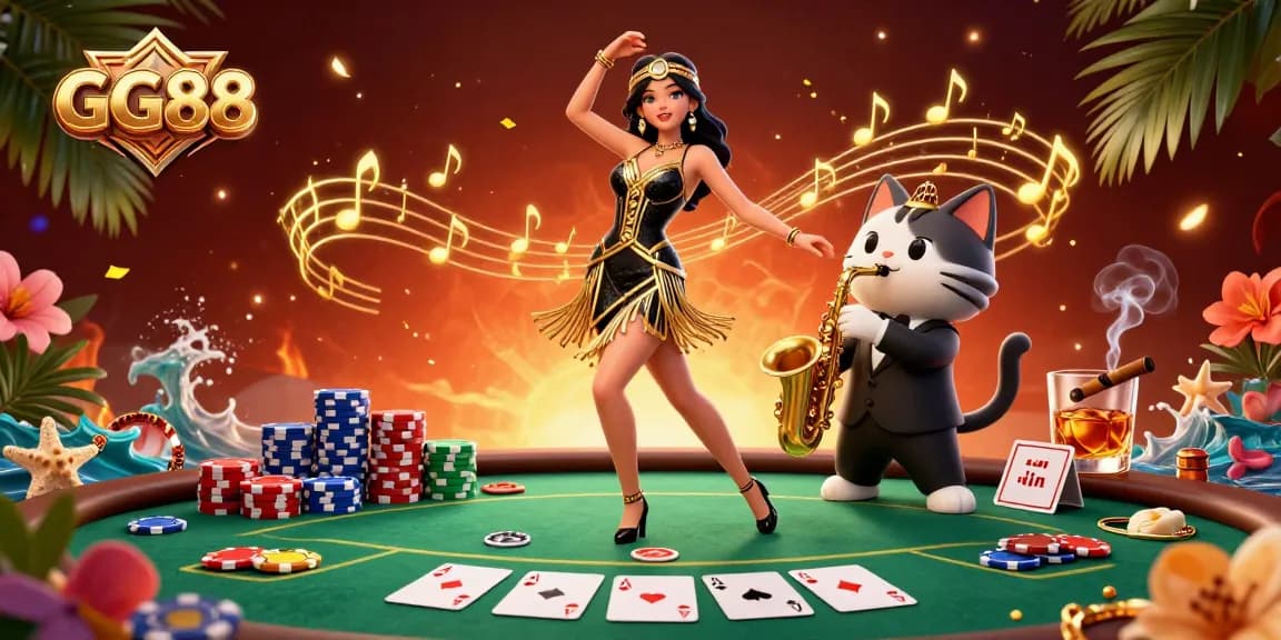 Engage with GG88's exciting casino atmosphere featuring vibrant characters, poker elements, and lively celebration.