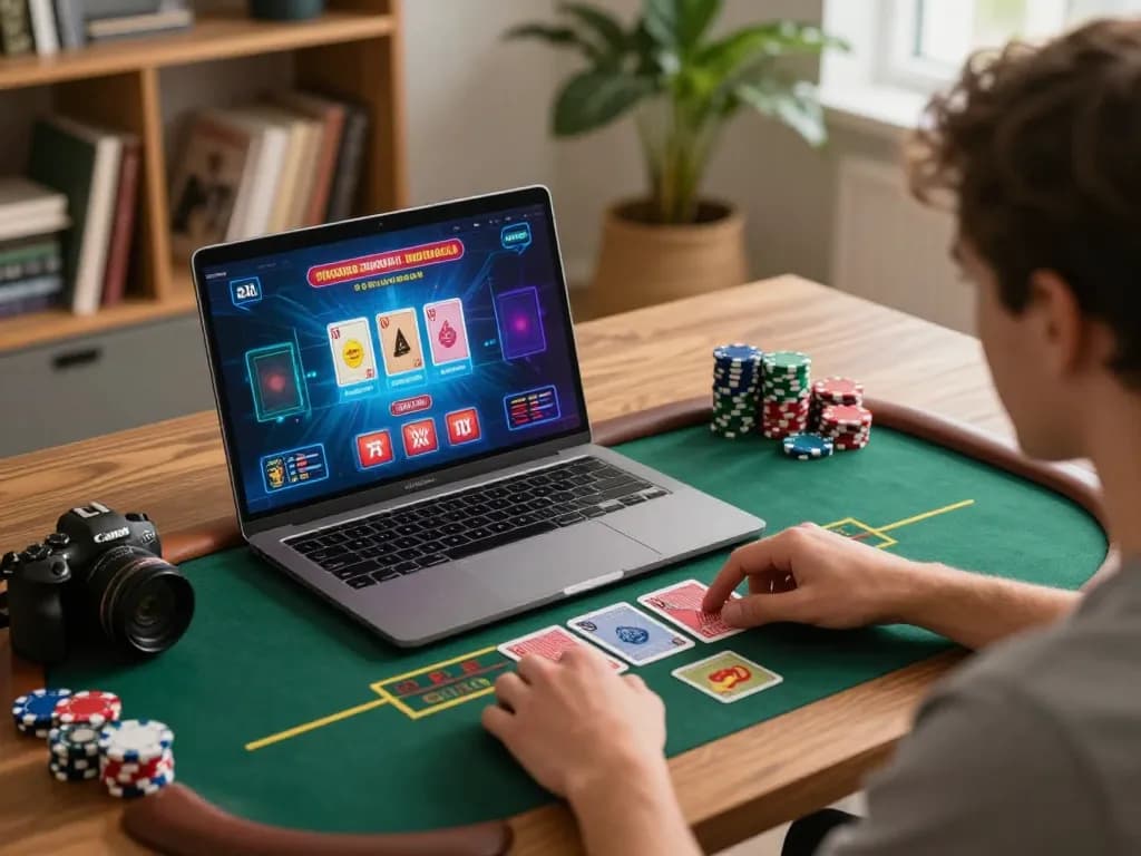Player engaging with XX88 online casino while using a laptop in a cozy home office.