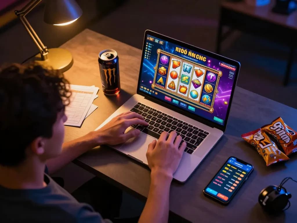 Engaging in nổ hũ đổi thưởng with a laptop displaying vibrant game reels, creating an exciting home gaming atmosphere.