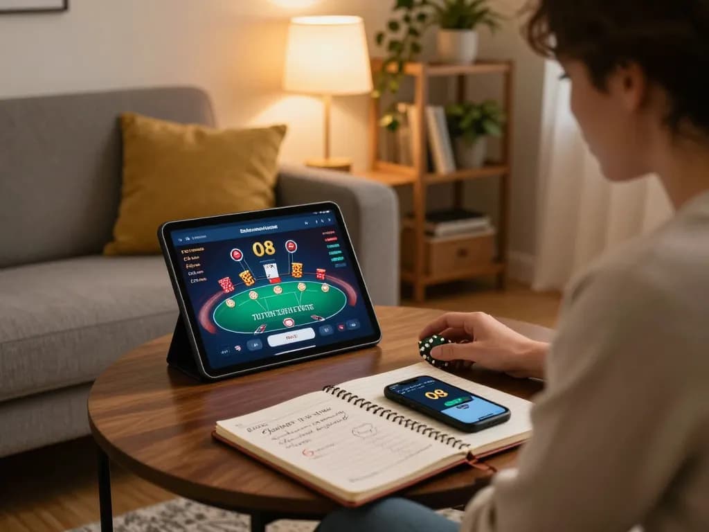 Player enjoying poker on the O8 platform in a cozy home setting, showcasing a strategic betting environment.