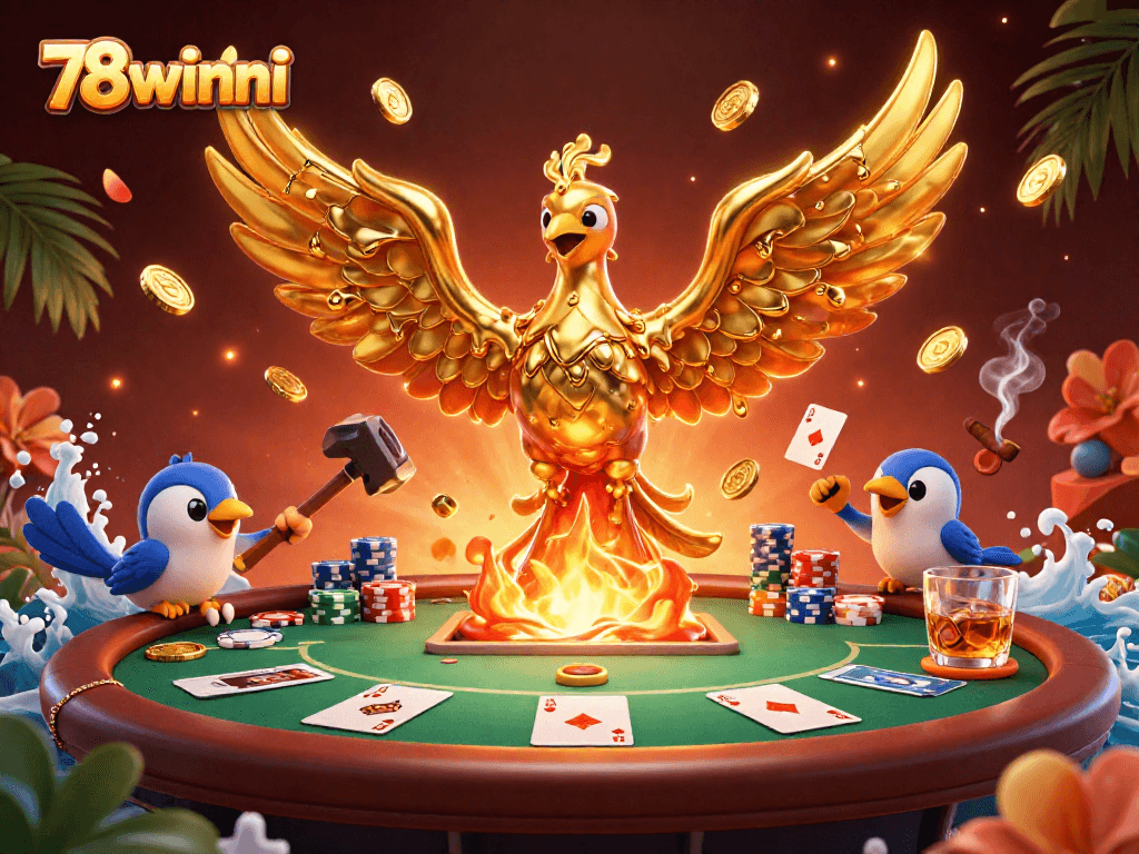 Experience thrilling victories at 78winni with golden phoenix, poker elements, and vibrant casino atmosphere.