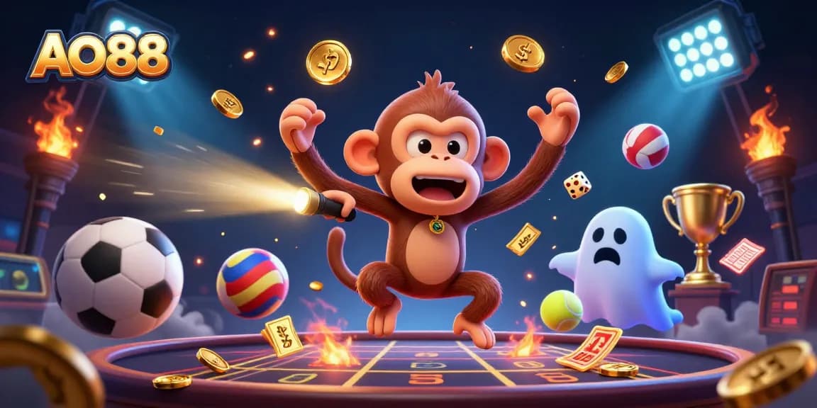Bet on AO88 with lively 3D characters in a haunted casino environment, showcasing gaming excitement.