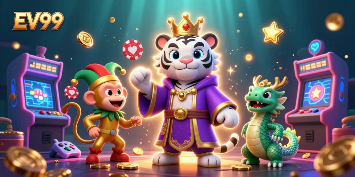 Engage with EV99's thrilling casino experience featuring vibrant game characters and lively elements.