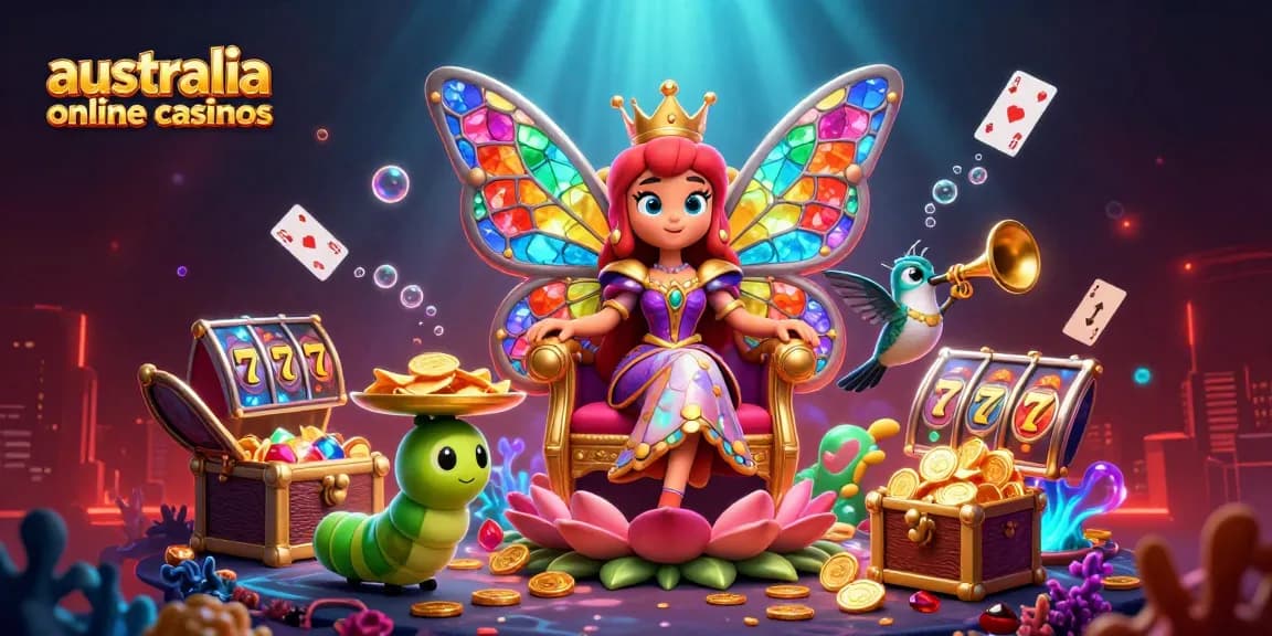 Engage with exceptional australia online casinos featuring a vibrant butterfly queen and animated gaming symbols.