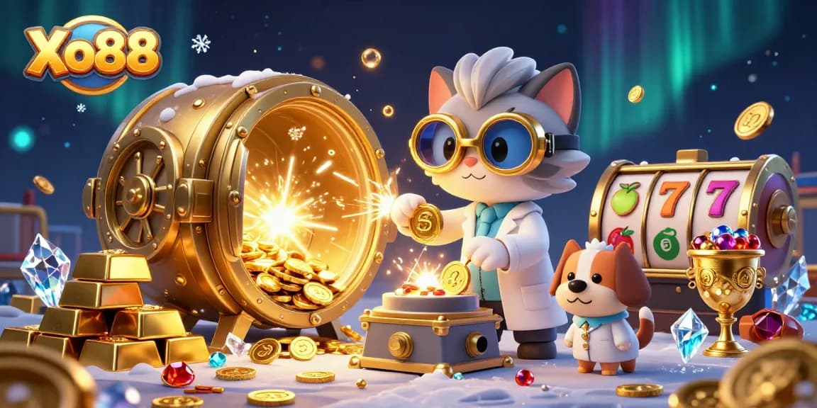 Xo88 offers thrilling slot games with a mad scientist cat and his dog in a vibrant casino scene.