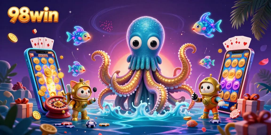 Experience thrilling wins at 98win with a vibrant scene of gaming action featuring a kraken and deep-sea adventure.