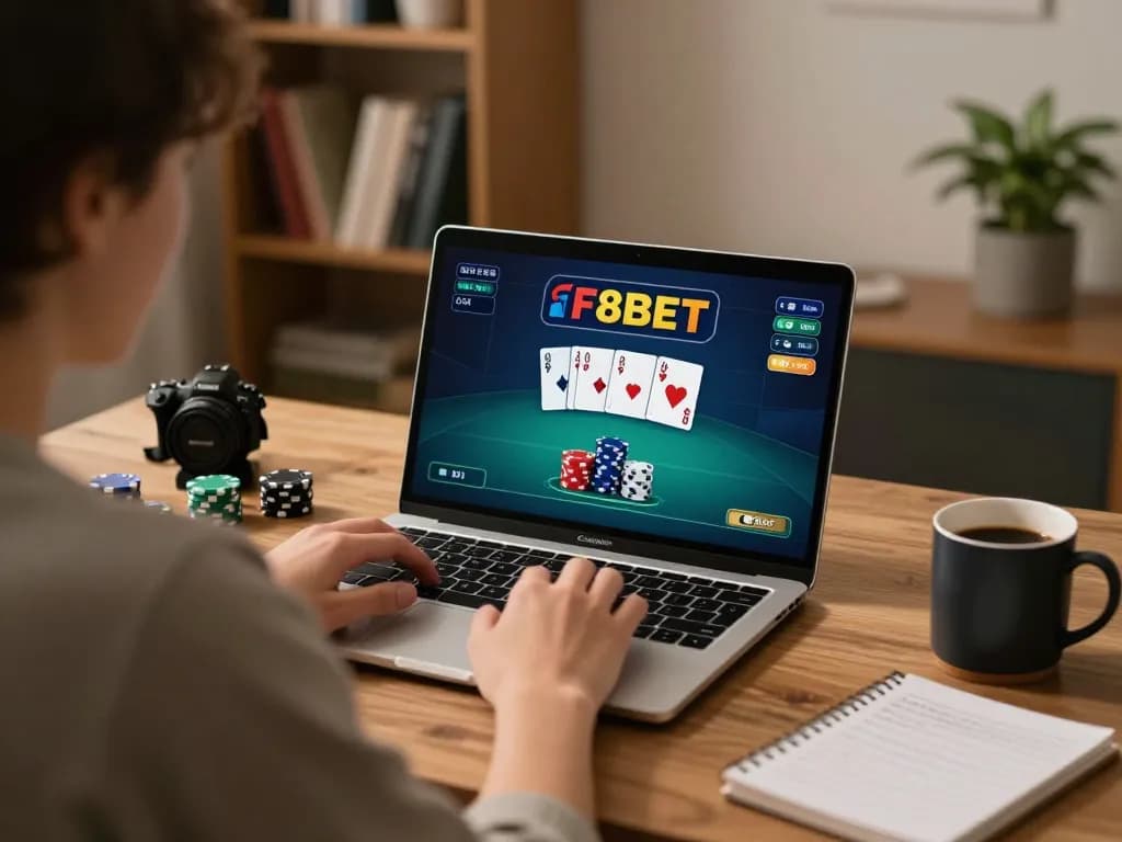 Player engaged in online gambling using F8bet me on a laptop, showcasing poker gameplay.