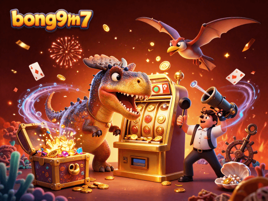 bong99m7 slot machine jackpot scene with cartoon dinosaurs and flying coins in a dynamic casino atmosphere