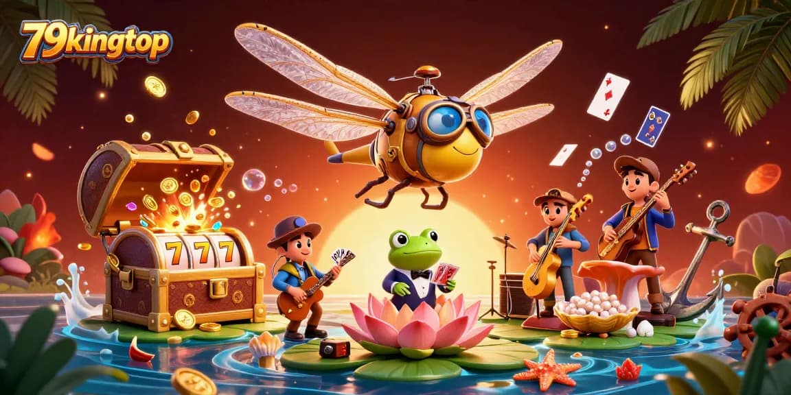 Engage in thrilling gameplay with 79kingtop featuring a lively casino scene with a dragonfly pilot and frog croupier.