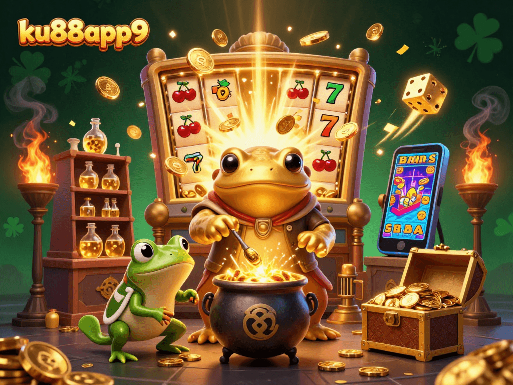 Experience the thrilling world of ku88app9 as golden alchemists transform coins in a vibrant casino scene.