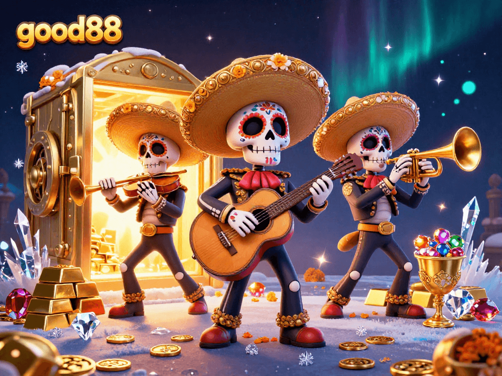 Win big at good88 with a vibrant casino scene featuring a mariachi band, treasures, and dynamic elements.