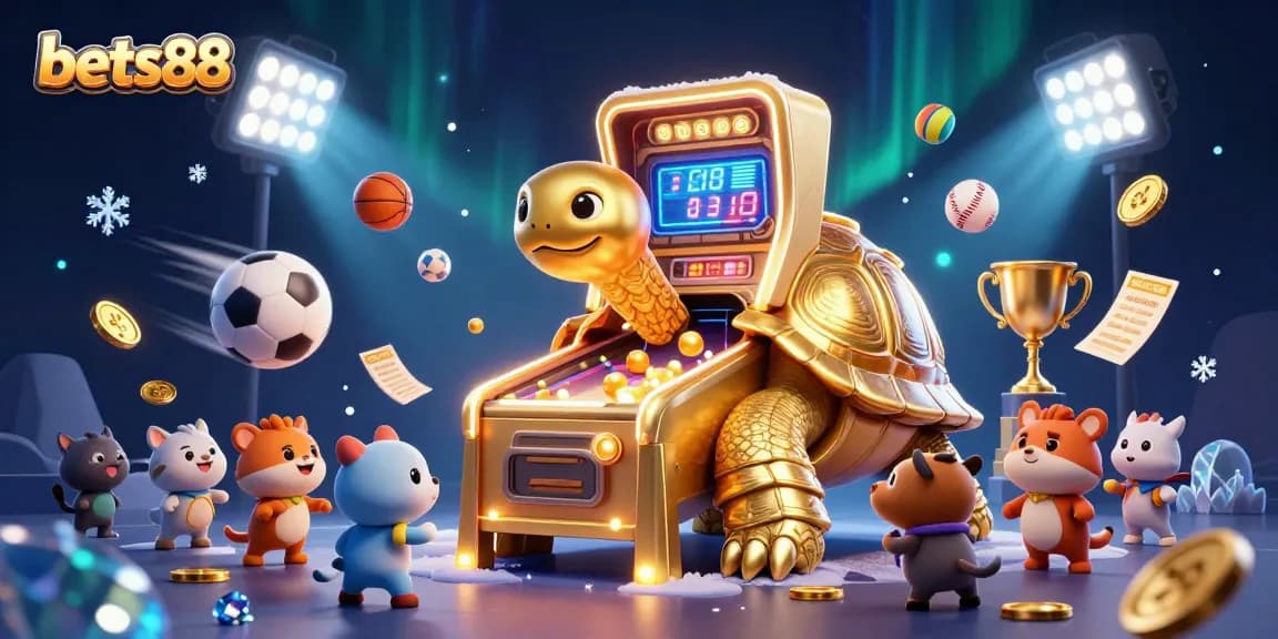 Experience thrilling moments at bets88 with a colossal cartoon tortoise pinball machine amidst vibrant gambling elements.