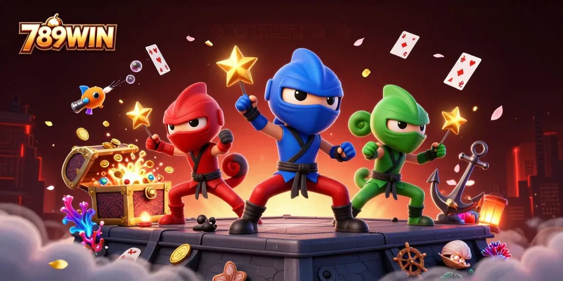 Experience thrilling action at 789WIN with our cartoon ninjas amid luxurious casino elements.