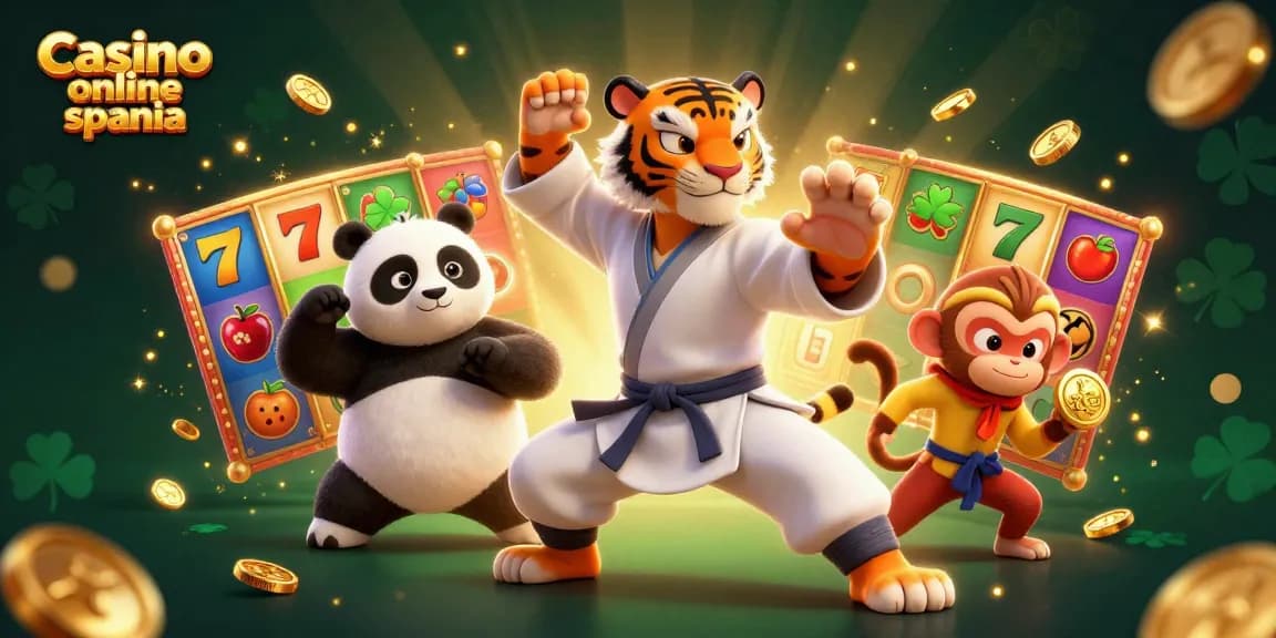 Experience dynamic Casino online spania action with a kung fu tiger, panda, and monkey amidst vibrant slot game elements.