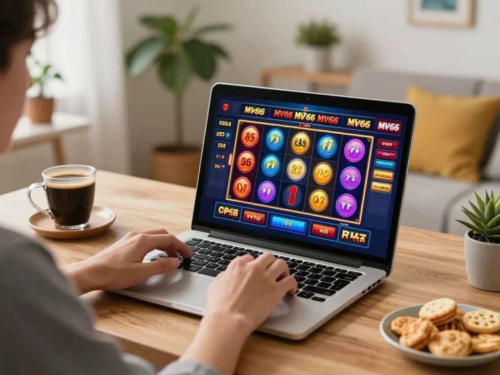 Player enjoying online casino games with mv66 on a stylish laptop at home, capturing relaxed gaming atmosphere.