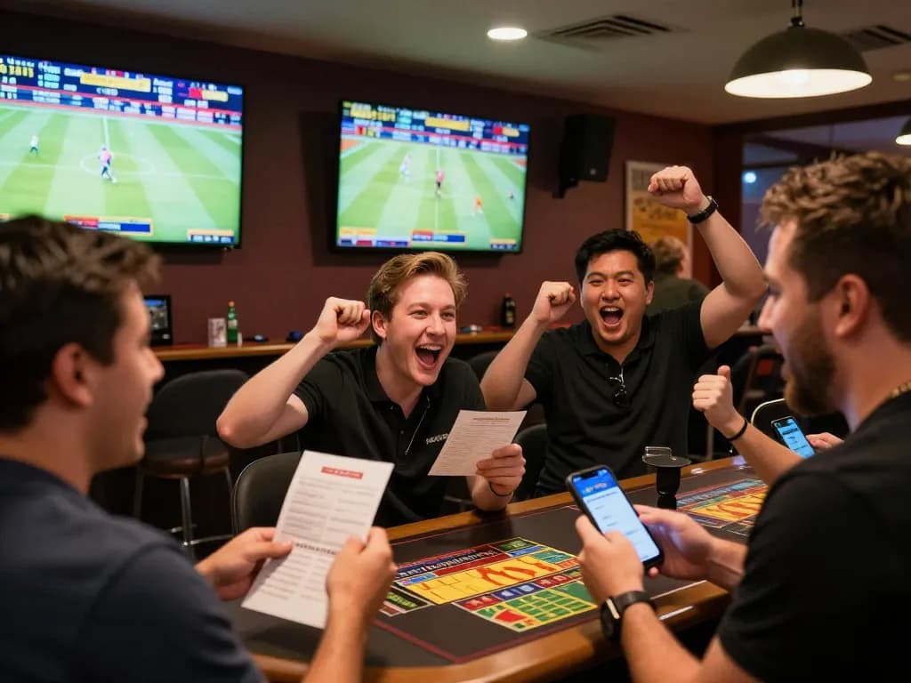 Patrons celebrating a winning bet at MM88 sports betting lounge with live screens