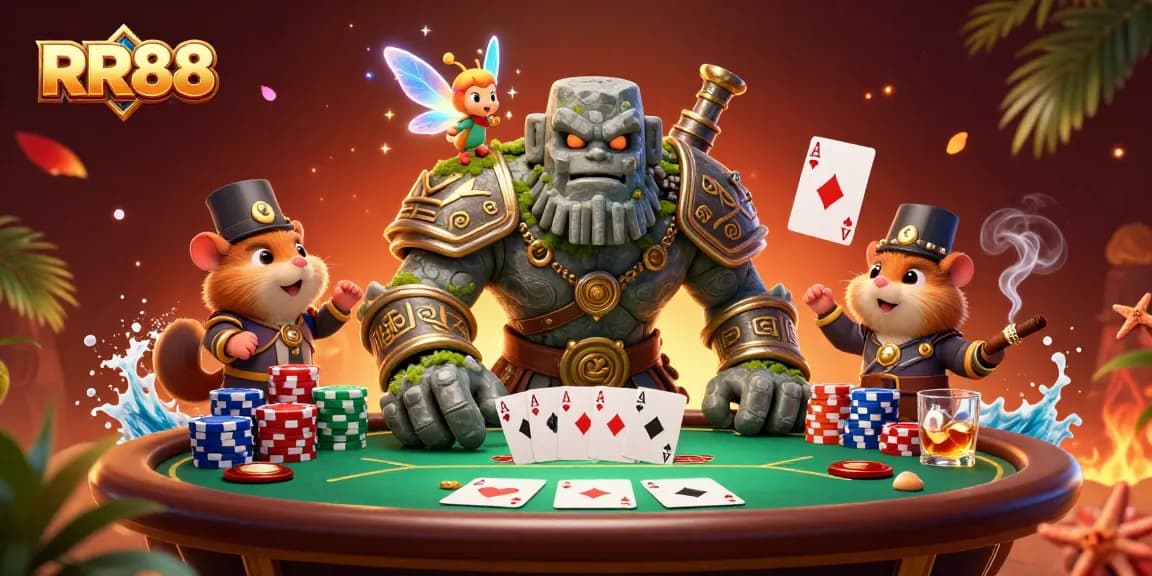 Engage in exciting poker action at RR88 with a vibrant illustration featuring magical characters.