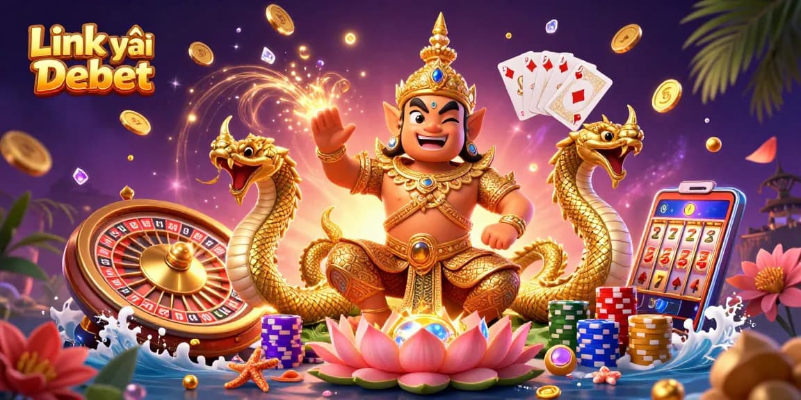 Win big at Link vào Debet with 3D illustration showcasing playful Thai guardian and casino elements.