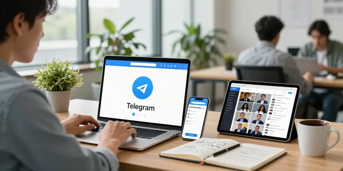 Using Telegram Web on a laptop in a modern workspace with devices