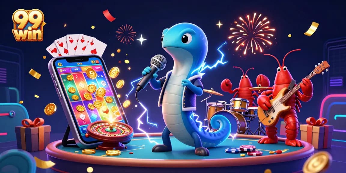 Engage with 99 win's vibrant underwater casino world featuring a DJ eel and colorful game elements.