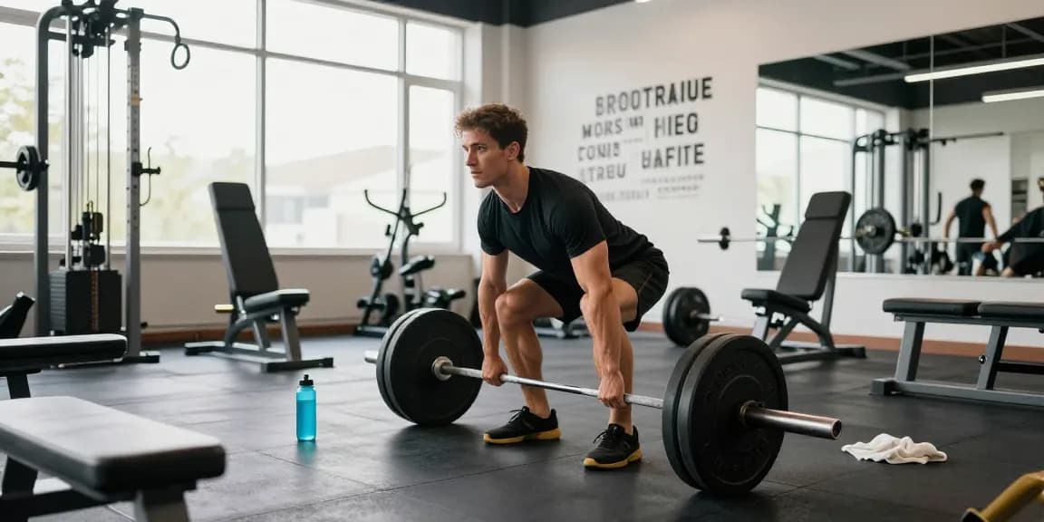 Entrenador en acción en Esteroidesshop levantando pesas en un gimnasio moderno.
