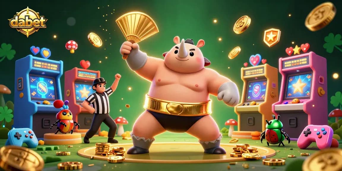 Experience the thrill of dabet with a dynamic illustration featuring a sumo champion beetle amidst flying coins.