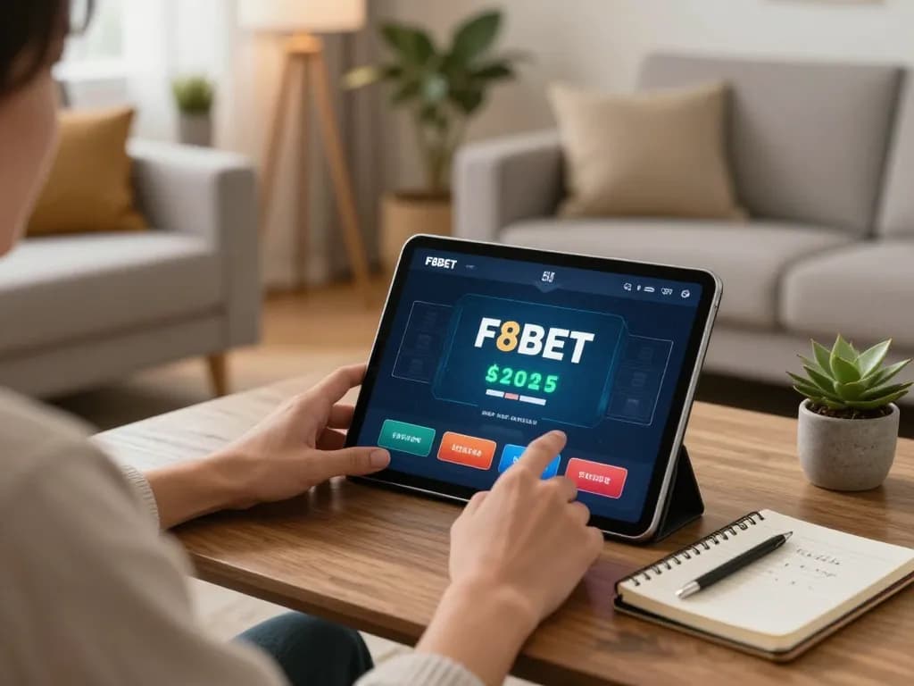 Person using F8bet0 life for online gambling on a tablet in a cozy home environment.