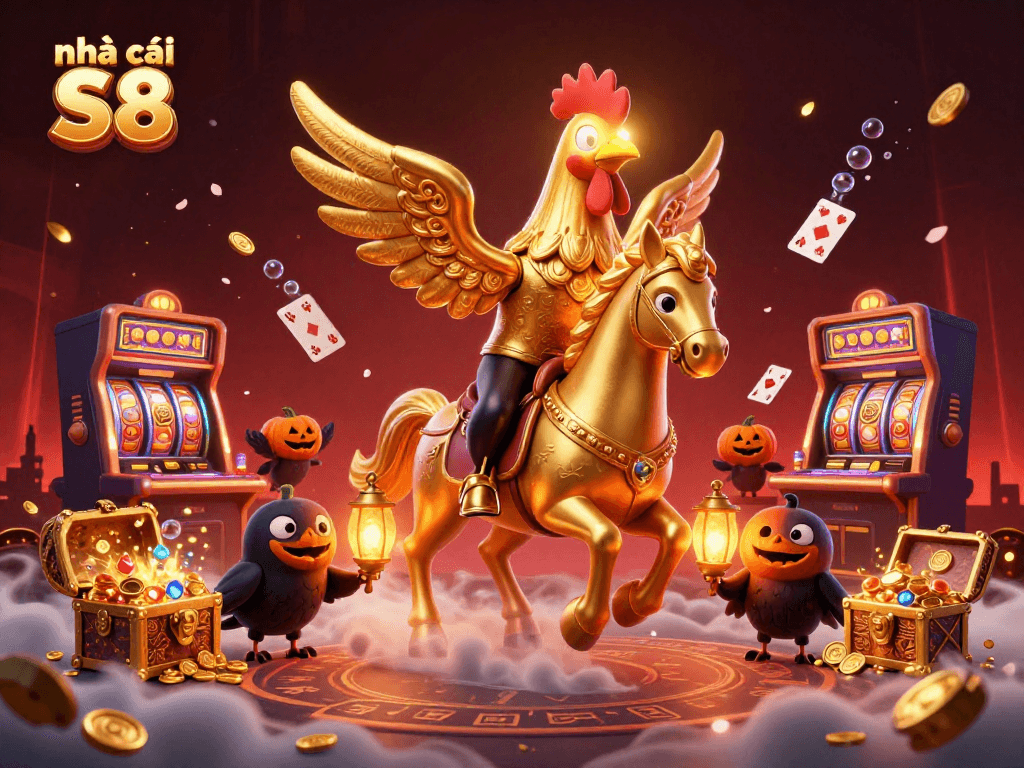 Experience thrilling gameplay at nhà cái S8 with immersive golden rooster characters in a vibrant casino setting.