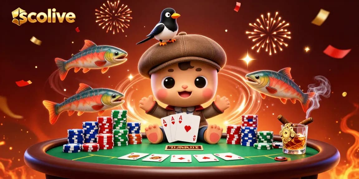 Socolive enhances the excitement with a vibrant poker scene featuring playful characters around a fun gambling table.