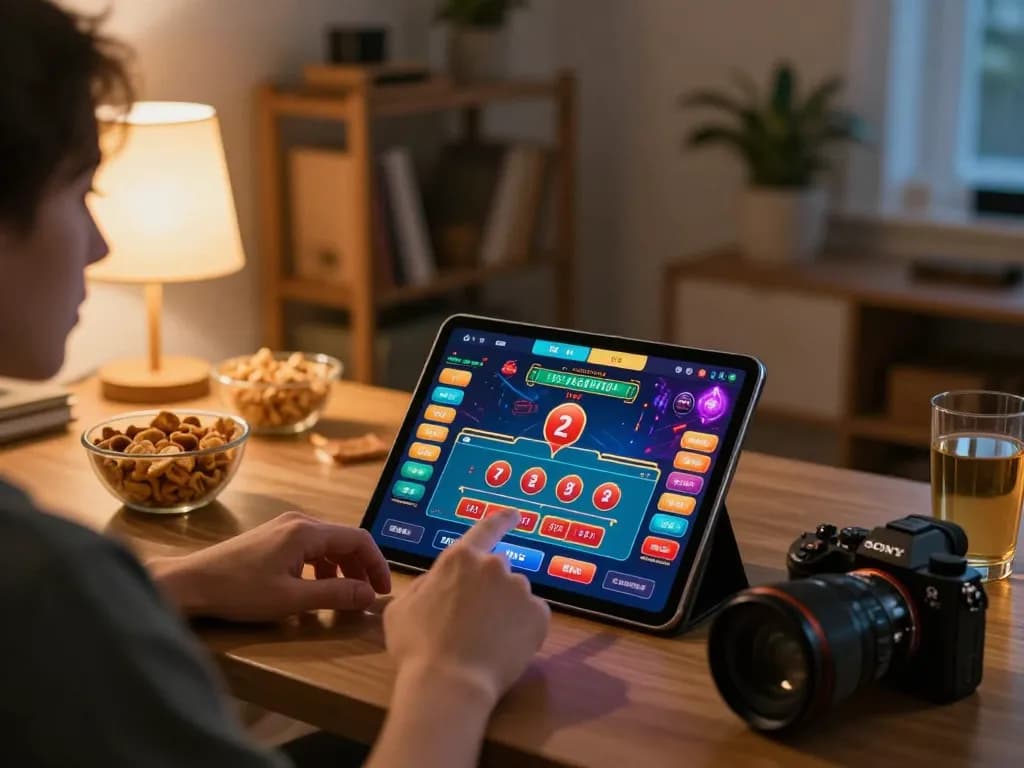 KJC player engaging in online casino with tablet at home, vibrant gaming screen on display.