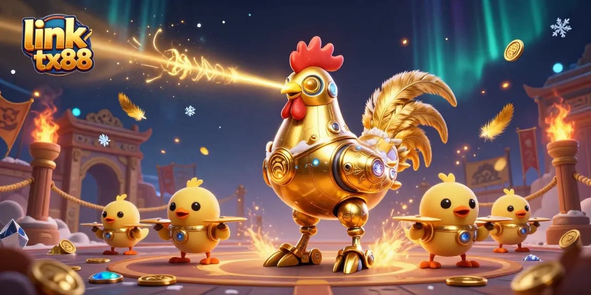 Engage with the immersive world of link tx88, featuring a golden rooster robot amidst dynamic casino elements and betting tokens.