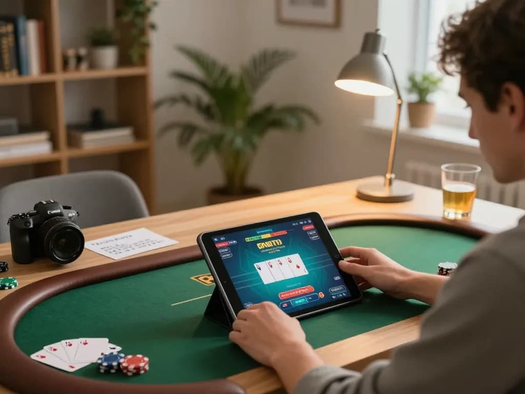Engaging with O8 hair while playing poker online, showcasing a cozy home gaming setup.