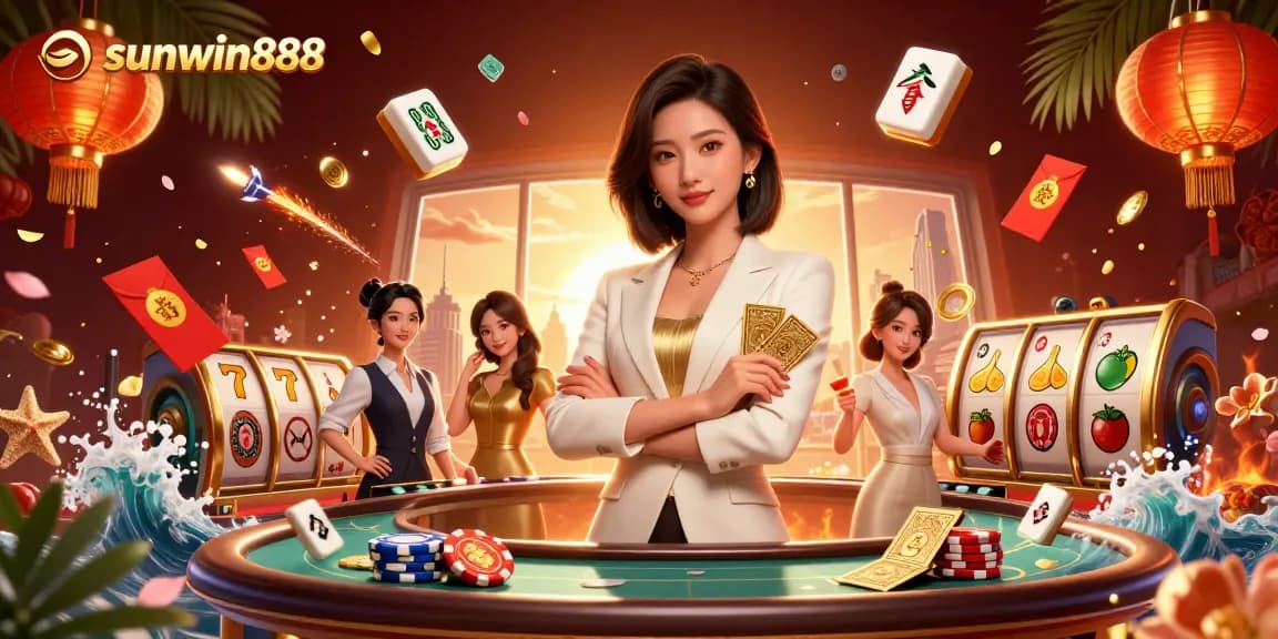 Engage with sunwin888 through a dynamic casino scene featuring an elegant businesswoman holding golden cards.