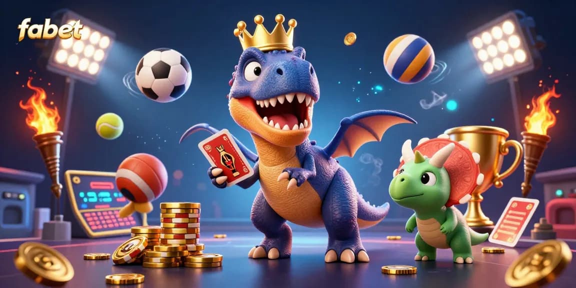 Fabet showcases a dynamic gambling scene with T-Rex and friends engaging in sports betting activities.