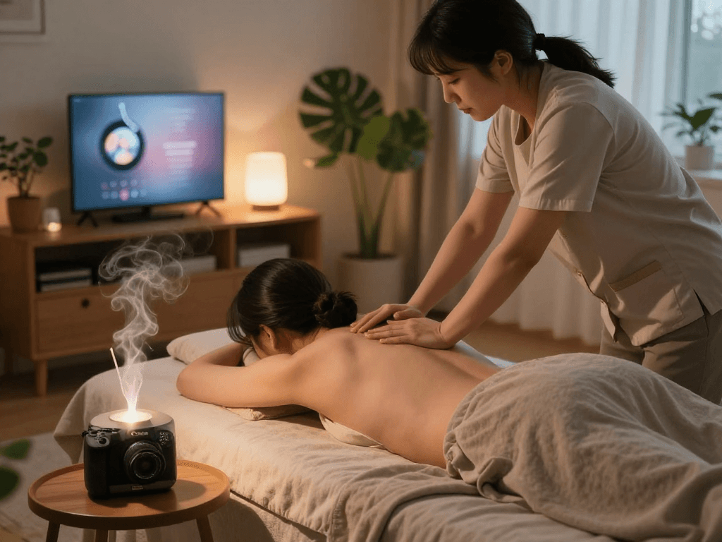 At-home 서울출장안마 session with a therapist providing soothing massage in a cozy, serene apartment setting.