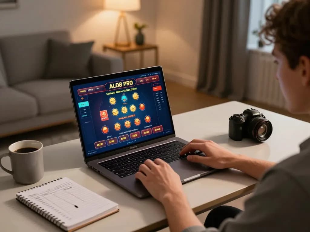 Person engaged in online gambling using ALO8 PRO interface on laptop, showcasing exciting gameplay.
