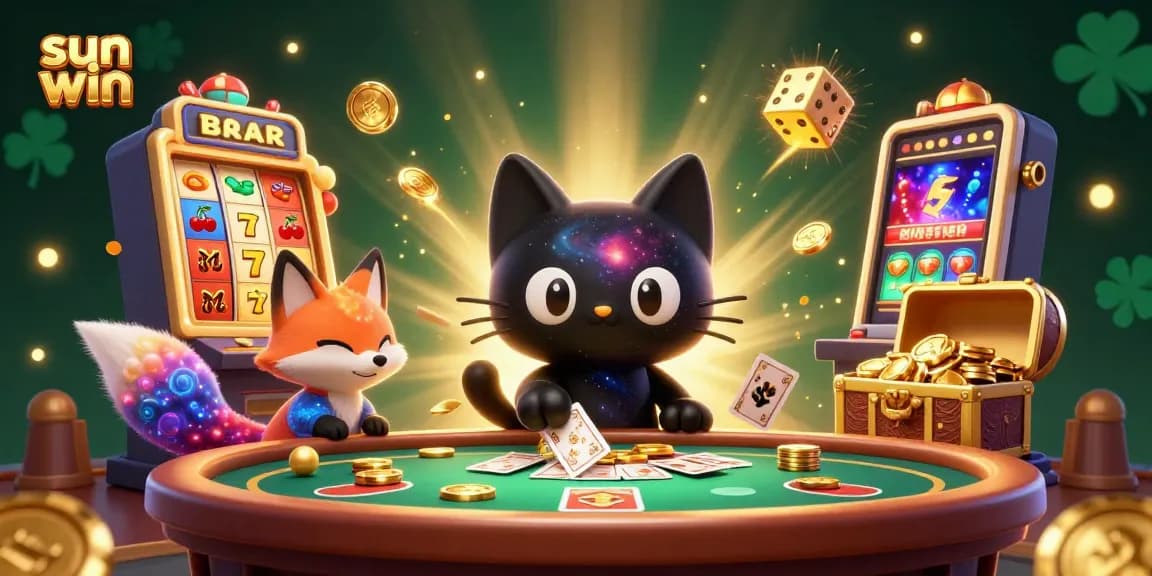 Engage in the sun win cosmic casino with a black hole cat and colorful nebula fox bringing luck and excitement.