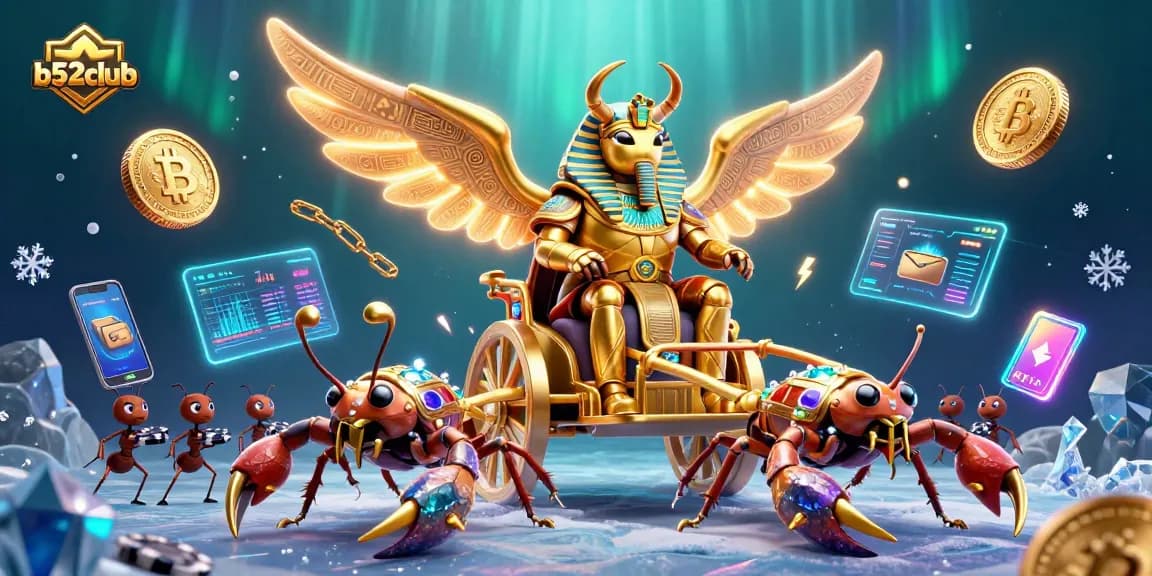 B52club gameplay featuring a colossal golden scarab and scorpions, showcasing dynamic crypto elements.