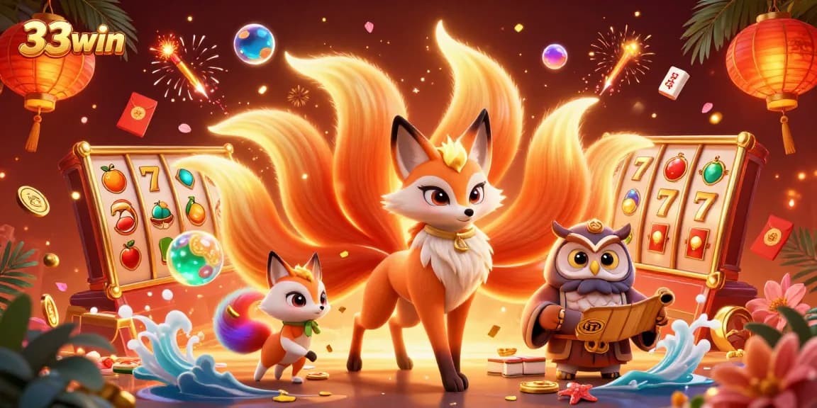Engage with 33win's vibrant casino scene featuring a glowing nine-tailed fox and wise owl amid lively gaming elements.