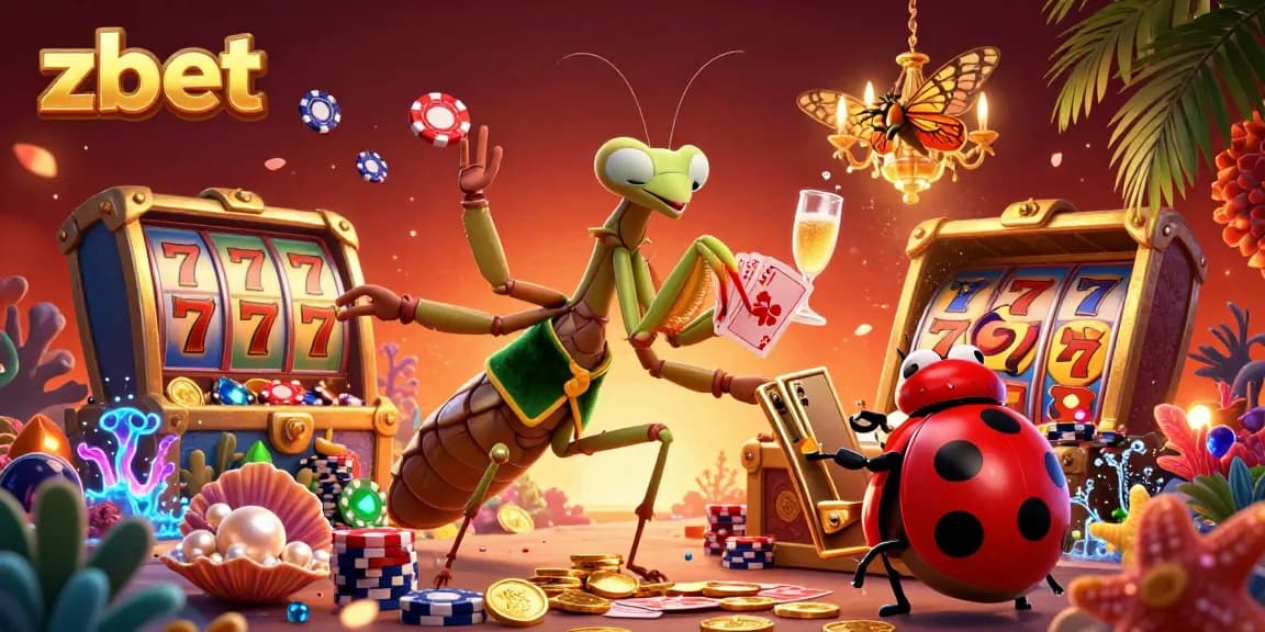 Engage with zbet's colorful casino scene featuring a giant praying mantis card sharp amidst dynamic poker elements.