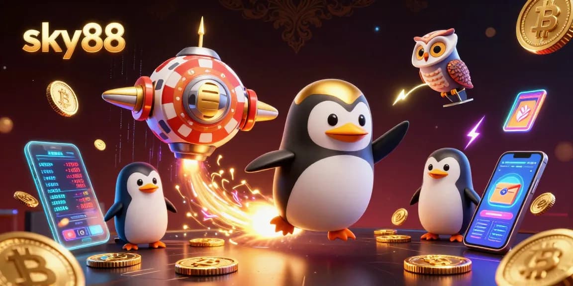 Experience sky88's thrilling space casino adventure with a golden penguin and crypto elements.