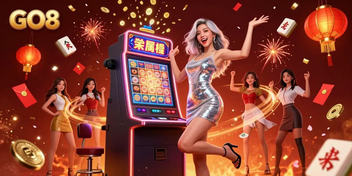 Experience the excitement of GO8 as our glamorous character wins big at the slots, surrounded by festive casino elements.