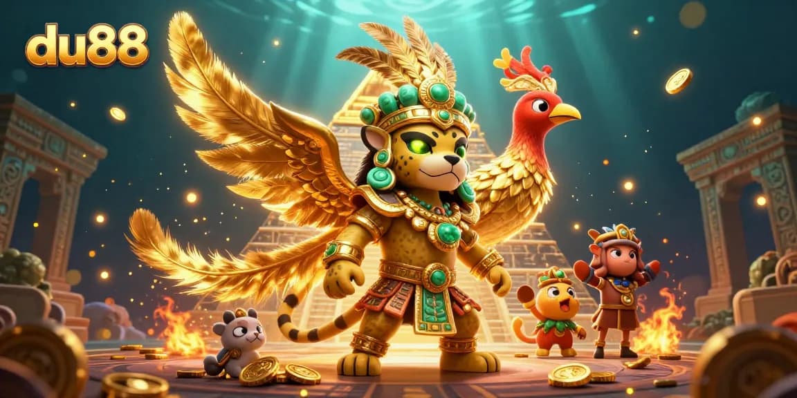 Engage with du88 in this vibrant casino scene featuring a Mayan jaguar priest and quetzal bird.