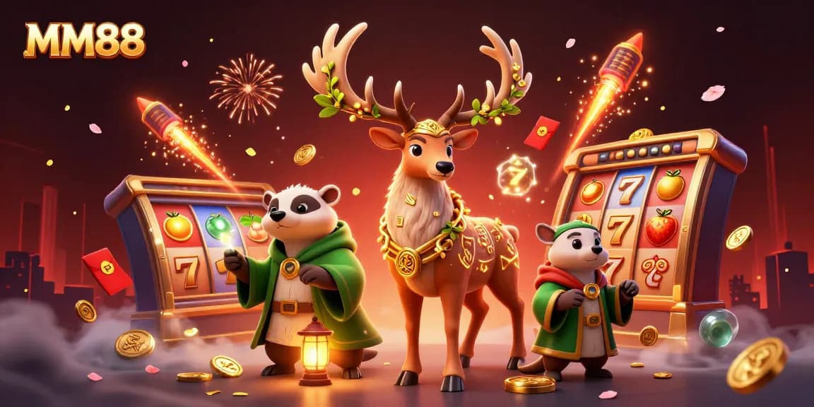 Experience exciting wins at MM88 with this dynamic casino-themed illustration showcasing vibrant symbols.