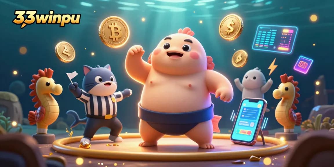 Engage with the underwater casino scene featuring 33winpu, a fugu sumo wrestling amidst crypto-themed elements.