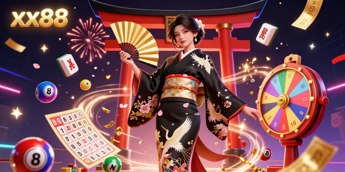 Engage with xx88's vibrant lottery scene, featuring Asian woman in kimono with falling petals and dynamic game elements.